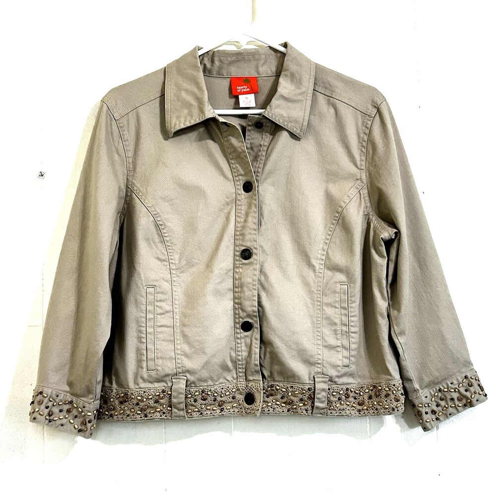 Hearts of Palm Women Tan Jacket Denim Size 12 3/4 Sleeves Crochet Wooden Details